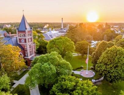 Aerial view of the UNH campus in Durham, NH at sunrise
